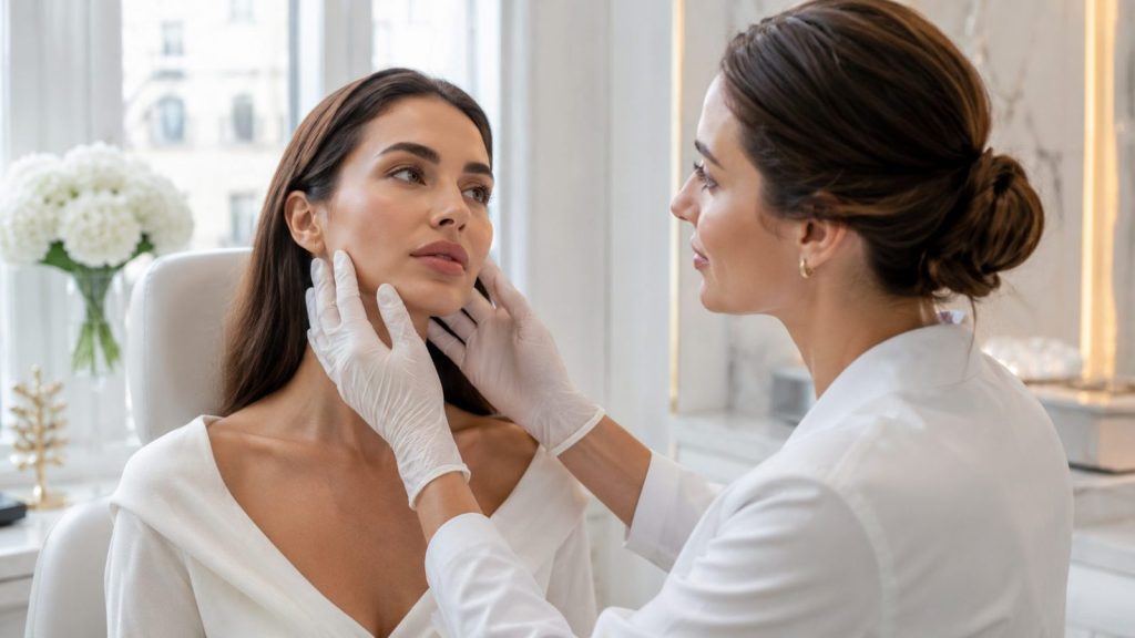 Patient having a skin quality consultation for polynucleotides and skin boosters at DRV Clinic London