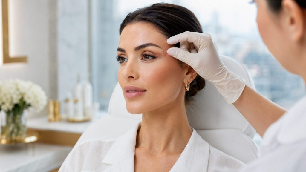 Practitioner assessing the brow and temple area during a fox eye lift consultation in London