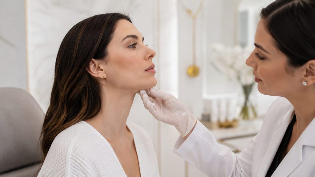 Practitioner assessing the under-chin area during a non-surgical double chin treatment consultation