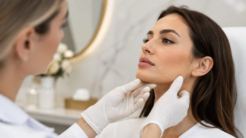Practitioner assessing jawline and chin balance before lower-face filler treatment at DRV Clinic