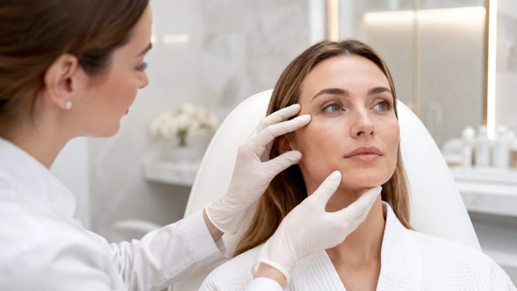 Practitioner assessing the under-eye area before polynucleotide treatment at DRV Clinic London