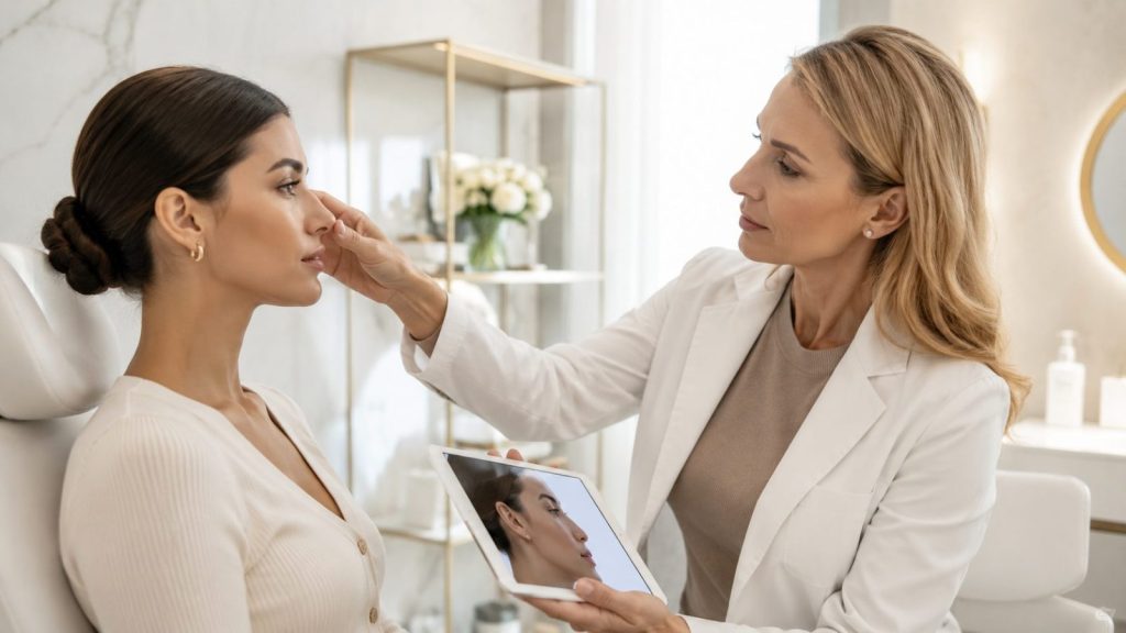 Patient having a nose profile assessment during a non-surgical rhinoplasty consultation in London