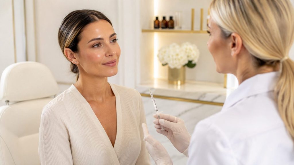 Patient discussing skin boosters and Profhilo treatment options with an aesthetic practitioner in London