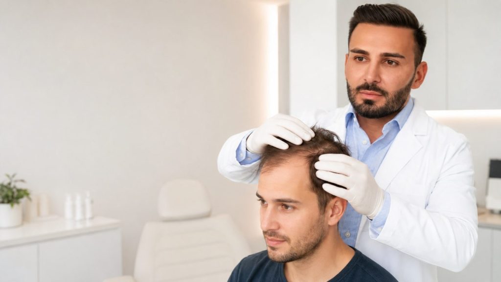 Doctor examining a male patient during a hair loss consultation