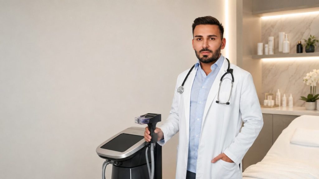 Doctor standing beside a skin treatment device in an aesthetic clinic