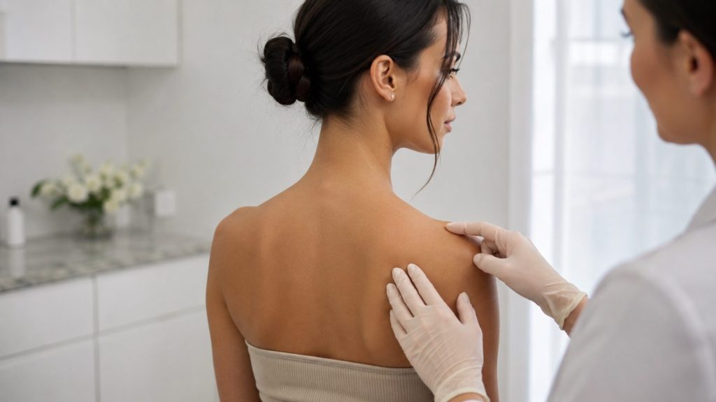 Clinician assessing the trapezius and shoulder area before Barbie Botox treatment