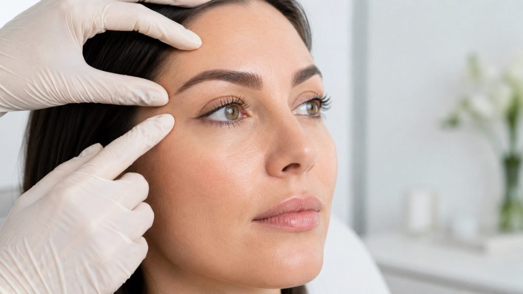 Clinician assessing eyebrow position before a non-surgical brow lift