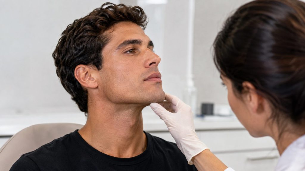 Male patient having chin and jawline assessed for facial masculinisation