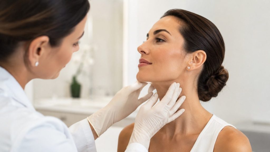 Clinician examining a woman's jawline and neck before a Nefertiti Lift