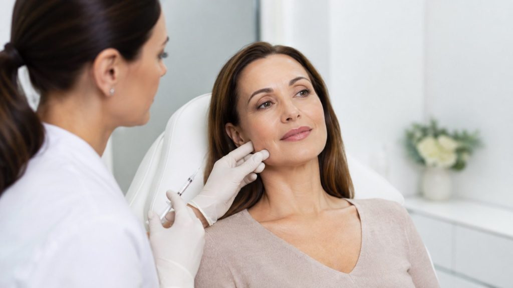 Facial consultation comparing Radiesse and Sculptra collagen stimulating treatments
