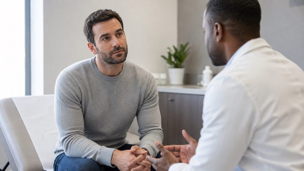 Male patient discussing Scrotox treatment and aftercare with a clinician in London